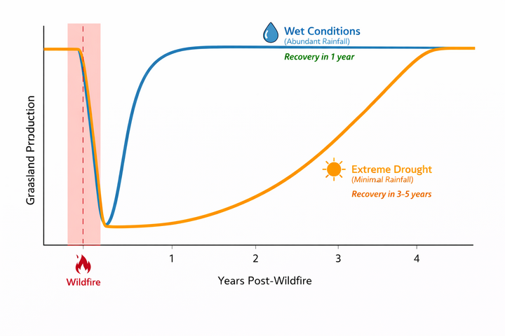 simple graph showing that vegetation recovers quickly in wet conditions and slowly in extreme drought conditions.